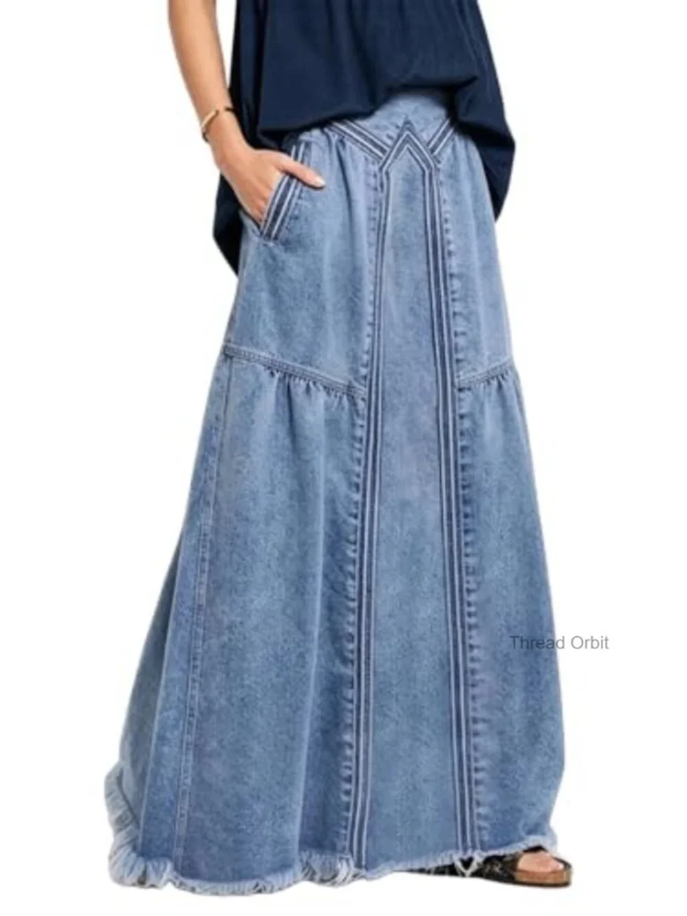 Women's High Waist A-Line Frayed Maxi Denim Skirt with Pockets